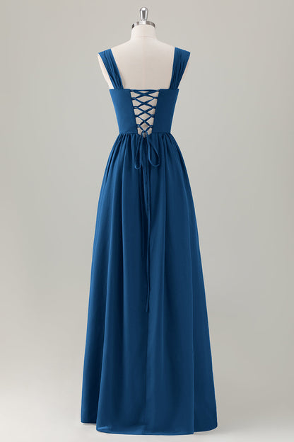 Champagne Corset A-Line Square Neck Long Bridesmaid Dress with Lace Up Back