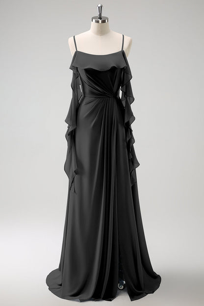 Eucalyptus A-Line Spaghetti Straps Chiffon Long Bridesmaid Dress with Slit