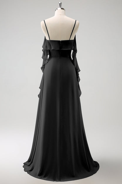Eucalyptus A-Line Spaghetti Straps Chiffon Long Bridesmaid Dress with Slit