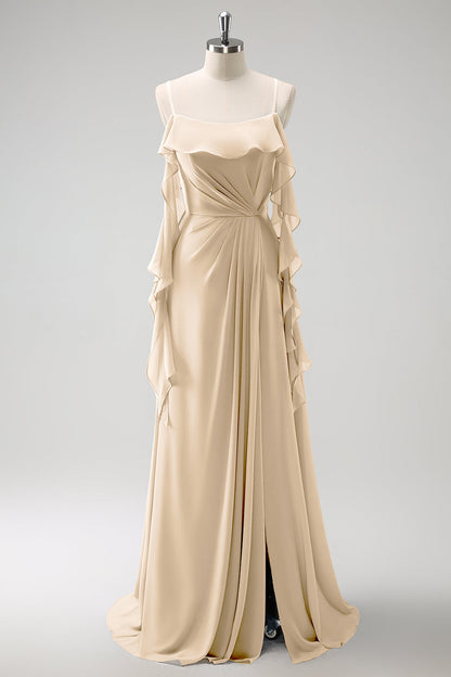 Eucalyptus A-Line Spaghetti Straps Chiffon Long Bridesmaid Dress with Slit