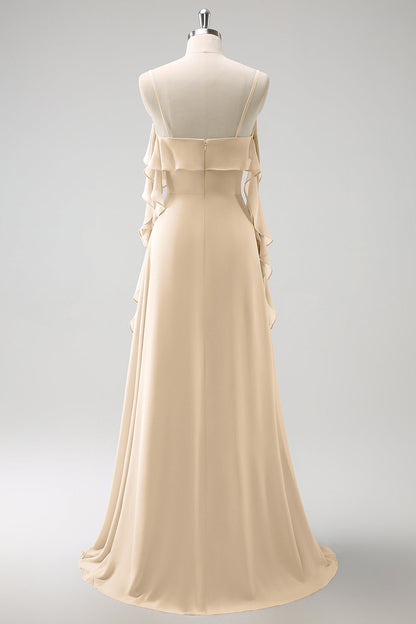 Eucalyptus A-Line Spaghetti Straps Chiffon Long Bridesmaid Dress with Slit