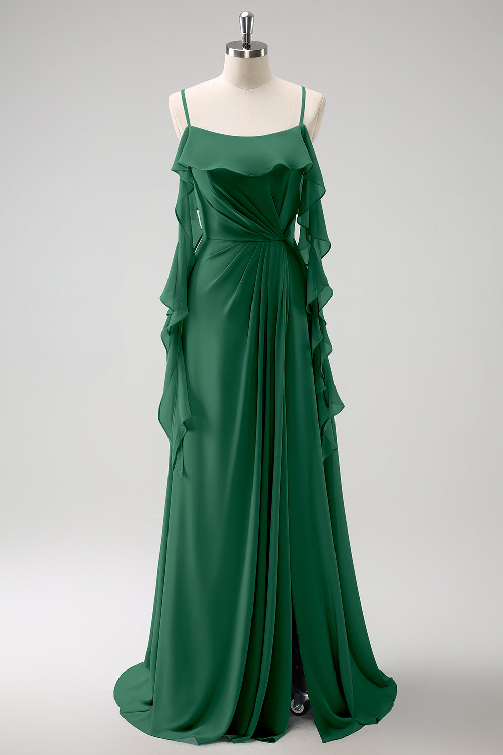 Eucalyptus A-Line Spaghetti Straps Chiffon Long Bridesmaid Dress with Slit