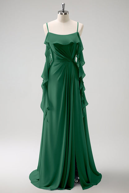 Eucalyptus A-Line Spaghetti Straps Chiffon Long Bridesmaid Dress with Slit