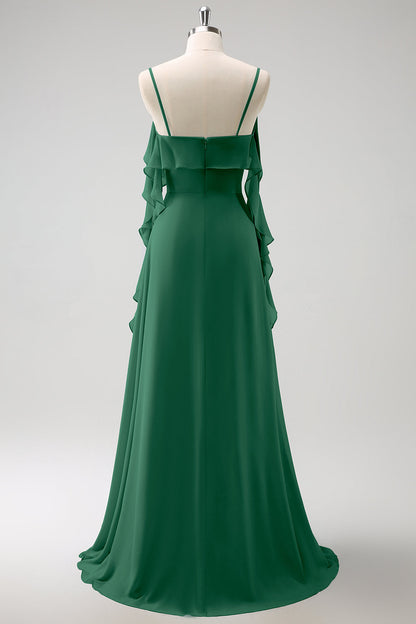 Eucalyptus A-Line Spaghetti Straps Chiffon Long Bridesmaid Dress with Slit