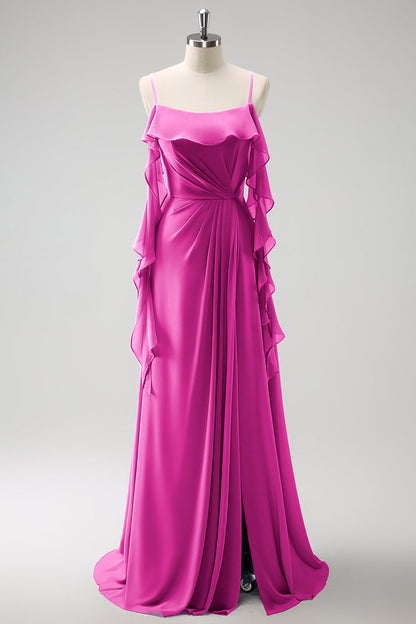 Eucalyptus A-Line Spaghetti Straps Chiffon Long Bridesmaid Dress with Slit