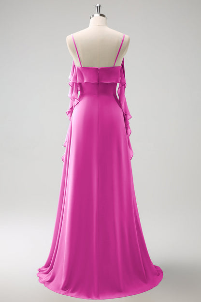 Eucalyptus A-Line Spaghetti Straps Chiffon Long Bridesmaid Dress with Slit