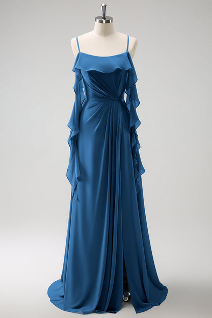 Eucalyptus A-Line Spaghetti Straps Chiffon Long Bridesmaid Dress with Slit