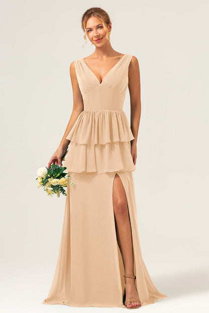 Ink Blue A Line V Neck Tiered Long Bridesmaid Dress with Slit