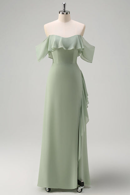 Eucalyptus Off The Shoulder Chiffon Long Bridesmaid Dress