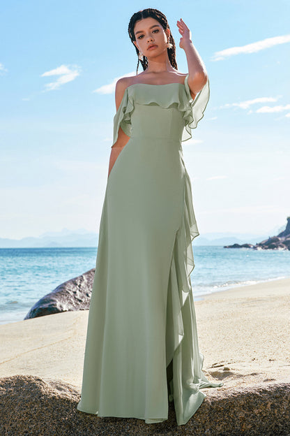 Eucalyptus Off The Shoulder Chiffon Long Bridesmaid Dress