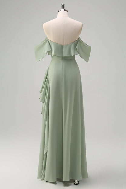 Eucalyptus Off The Shoulder Chiffon Long Bridesmaid Dress