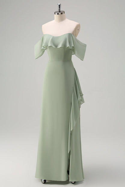 Eucalyptus Off The Shoulder Chiffon Long Bridesmaid Dress