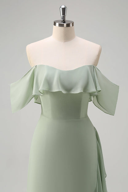 Eucalyptus Off The Shoulder Chiffon Long Bridesmaid Dress