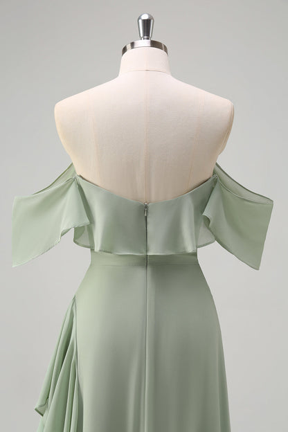 Eucalyptus Off The Shoulder Chiffon Long Bridesmaid Dress