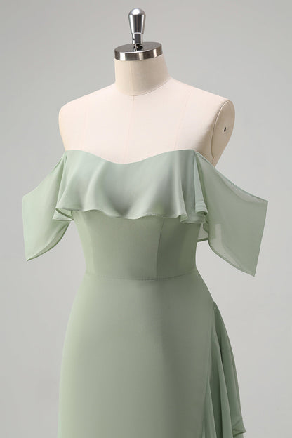 Eucalyptus Off The Shoulder Chiffon Long Bridesmaid Dress