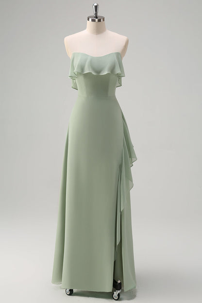 Eucalyptus Off The Shoulder Chiffon Long Bridesmaid Dress