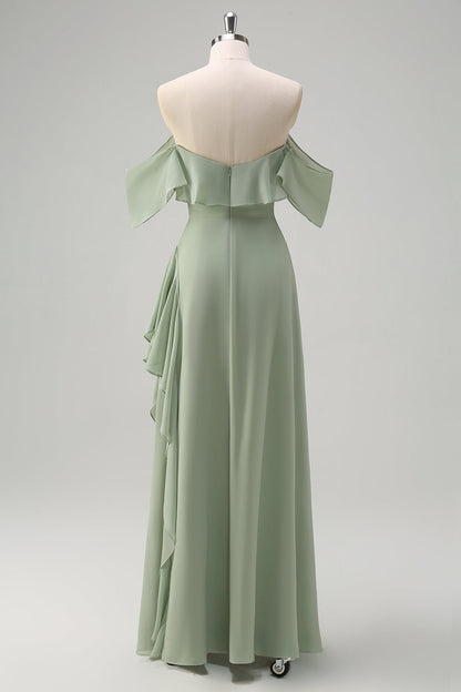 Eucalyptus Off The Shoulder Chiffon Long Bridesmaid Dress