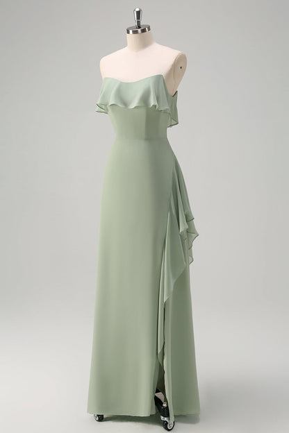 Eucalyptus Off The Shoulder Chiffon Long Bridesmaid Dress