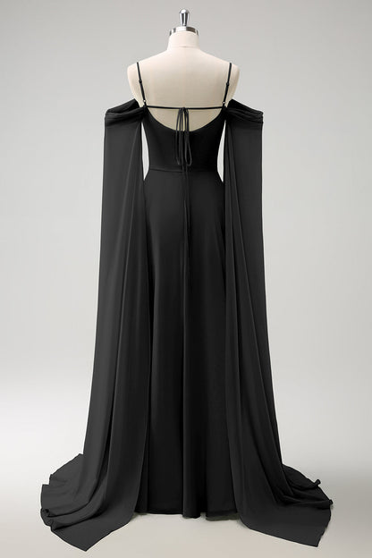 Blush Pink Cold Shoulder A-Line Long Bridesmaid Dress with Detachable Sleeves