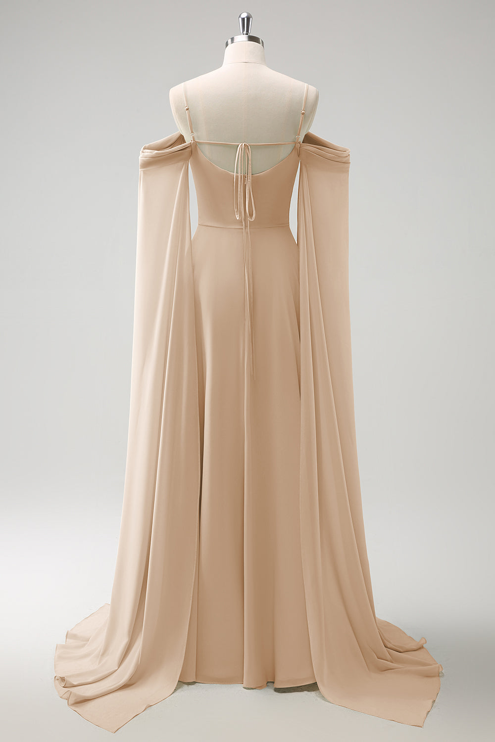 Blush Pink Cold Shoulder A-Line Long Bridesmaid Dress with Detachable Sleeves