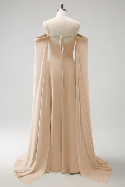 Blush Pink Cold Shoulder A-Line Long Bridesmaid Dress with Detachable Sleeves