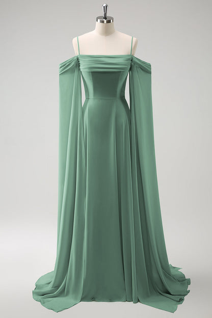 Blush Pink Cold Shoulder A-Line Long Bridesmaid Dress with Detachable Sleeves