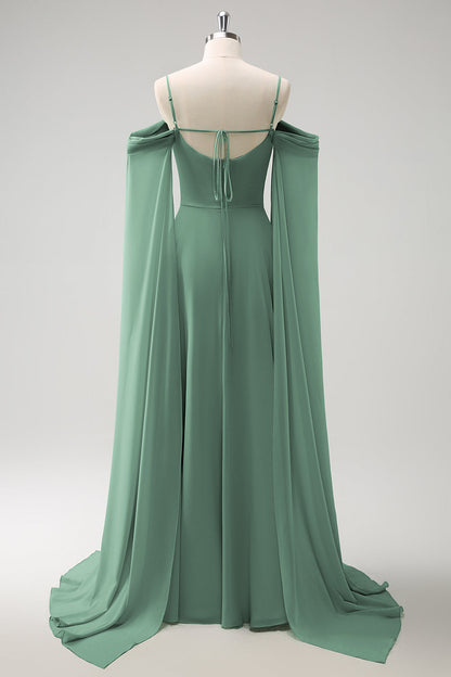 Blush Pink Cold Shoulder A-Line Long Bridesmaid Dress with Detachable Sleeves