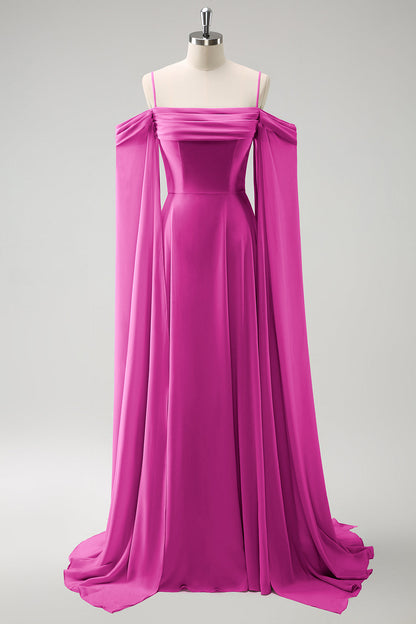Blush Pink Cold Shoulder A-Line Long Bridesmaid Dress with Detachable Sleeves