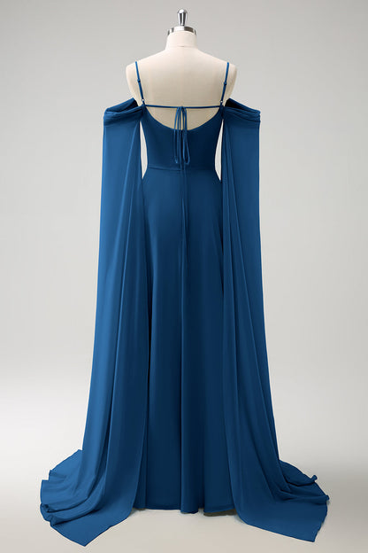 Blush Pink Cold Shoulder A-Line Long Bridesmaid Dress with Detachable Sleeves
