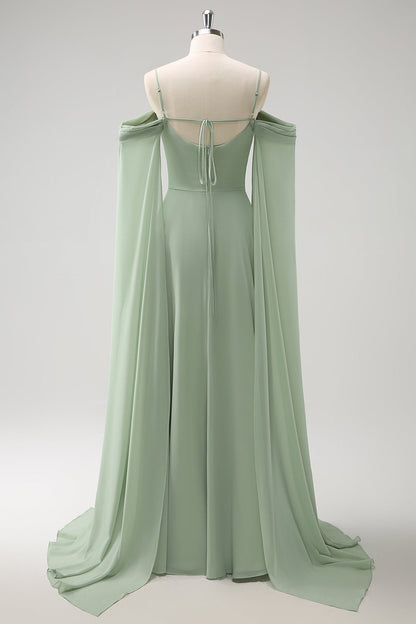 Dusty Blue Cold Shoulder A-Line Long Bridesmaid Dress with Detachable Sleeves