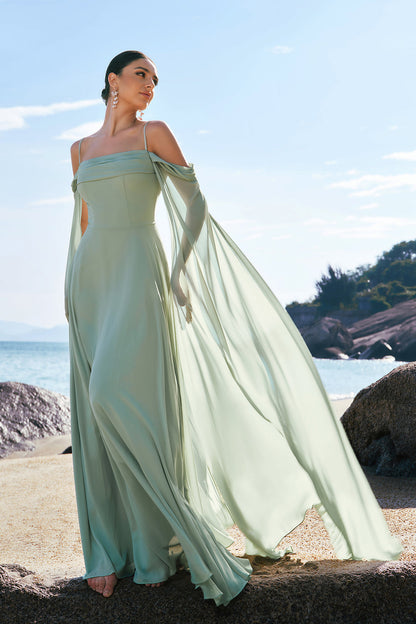Dusty Blue Cold Shoulder A-Line Long Bridesmaid Dress with Detachable Sleeves