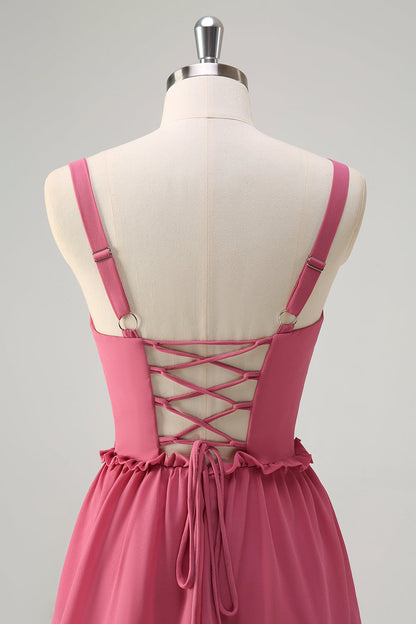 Rusty Rose A-Line Chiffon Tiered Long Bridesmaid Dress