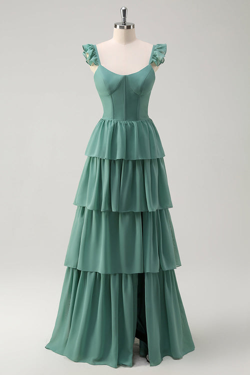 Eucalyptus Corset Tiered Long Bridesmaid Dress with Slit