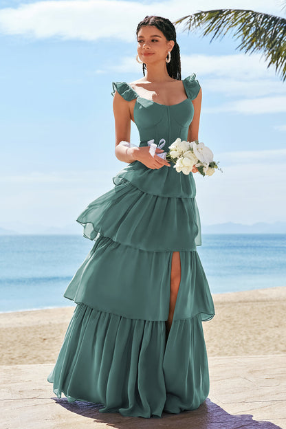 Eucalyptus Corset Tiered Long Bridesmaid Dress with Slit
