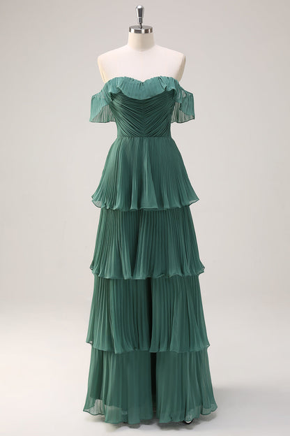 Plus Size Eucalyptus Pleated Off The Shoulder Tiered Long Bridesmaid Dress