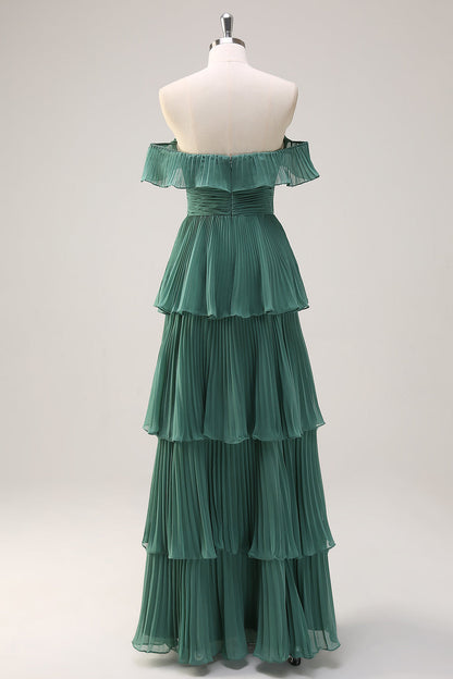 Plus Size Eucalyptus Pleated Off The Shoulder Tiered Long Bridesmaid Dress