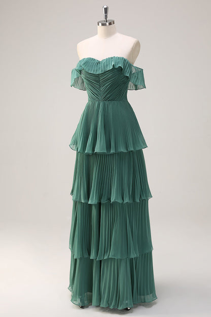 Eucalyptus Pleated Tiered Off The Shoulder Long Bridesmaid Dress