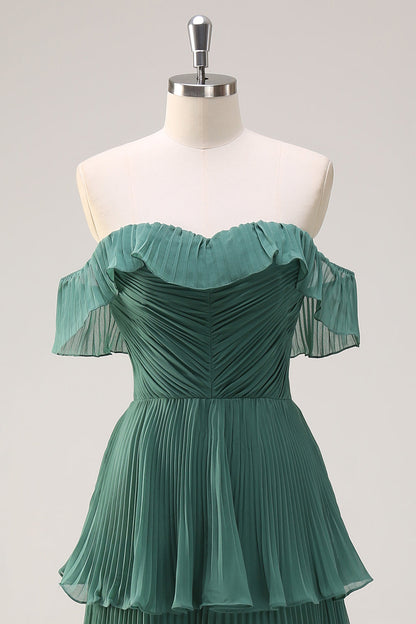 Eucalyptus Pleated Tiered Off The Shoulder Long Bridesmaid Dress