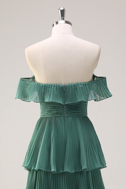 Eucalyptus Pleated Tiered Off The Shoulder Long Bridesmaid Dress