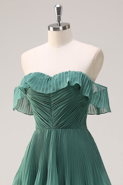 Eucalyptus Pleated Tiered Off The Shoulder Long Bridesmaid Dress