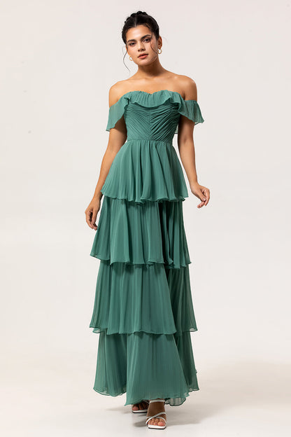 Eucalyptus Pleated Tiered Off The Shoulder Long Bridesmaid Dress