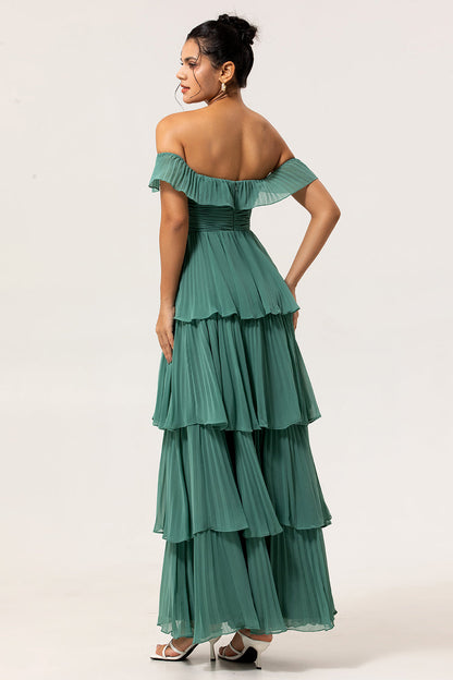 Eucalyptus Pleated Tiered Off The Shoulder Long Bridesmaid Dress