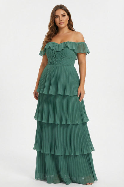 Eucalyptus Pleated Tiered Off The Shoulder Long Bridesmaid Dress