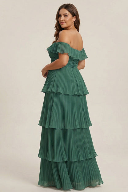 Eucalyptus Pleated Tiered Off The Shoulder Long Bridesmaid Dress