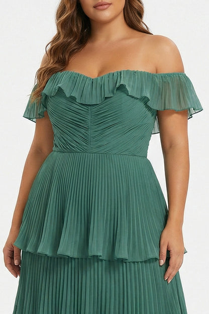 Plus Size Eucalyptus Pleated Off The Shoulder Tiered Long Bridesmaid Dress