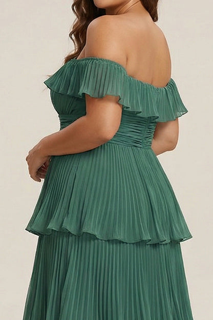 Plus Size Eucalyptus Pleated Off The Shoulder Tiered Long Bridesmaid Dress