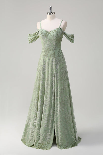 Dusty Sage Floral Embroidered Off The Shoulder Long Bridesmaid Dress with Slit