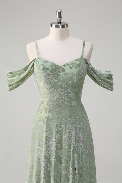 Dusty Sage Floral Embroidered Off The Shoulder Long Bridesmaid Dress with Slit
