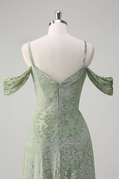 Dusty Sage Floral Embroidered Off The Shoulder Long Bridesmaid Dress with Slit