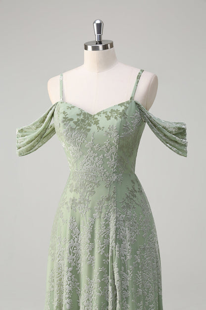 Dusty Sage Floral Embroidered Off The Shoulder Long Bridesmaid Dress with Slit